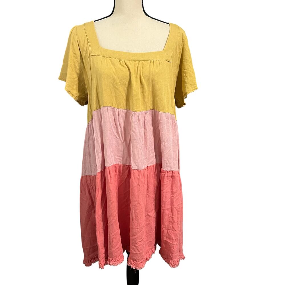 UMGEE Women's Linen Blend Color Block Tiered Mini Dress Sz XL Festival Beachy
